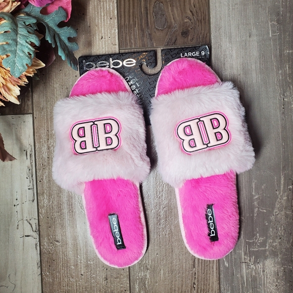 bebe Shoes - NWT Bebe Pink Fuzzy Women's Memory Foam Slippers Large Size 9